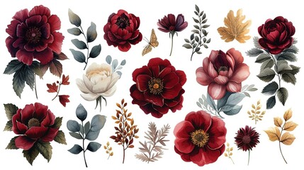 Free vector set of flower arrangements flower maroon green leaves and gold floral illustration for wedding card, generative ai