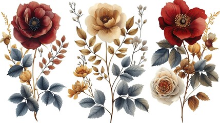 Free vector set of flower arrangements flower maroon green leaves and gold floral illustration for wedding card, generative ai