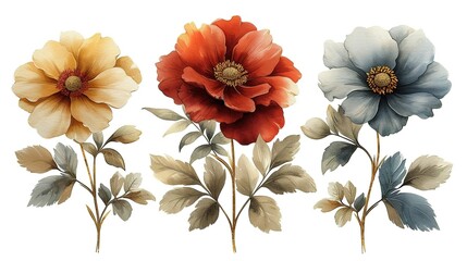 Free vector set of flower arrangements flower maroon green leaves and gold floral illustration for wedding card, generative ai