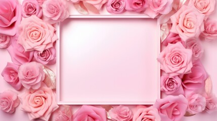 Beautiful pink piones frame on a soft pink background. Generative AI.