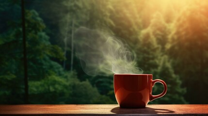 A red coffee mug sits on a wooden table amidst a serene forest backdrop, emitting steam. Generative AI.