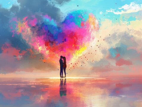 couple kissing in the clouds - colorful love valentines day illustration in a painting style
