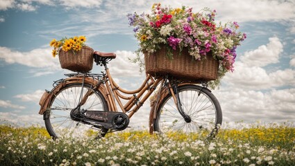 Fototapeta na wymiar A bamboo bicycle amidst the clouds and spring flowers