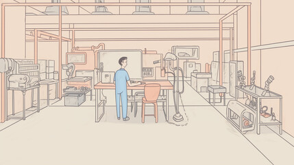 A worker in a factory is a portal to a world of hard work water color, cartoon, hand drawing, animation 3D, vibrant, minimalist style. ai generated.