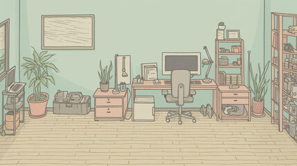 A workspace that is both functional and stylish water color, cartoon, hand drawing, animation 3D, vibrant, minimalist style. ai generated.