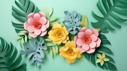 Paper craft Flower Decoration Concept. Flowers and leaves made of paper, generative ai