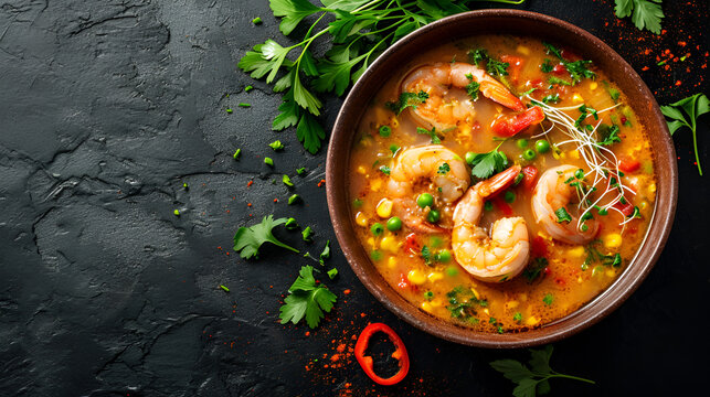 Traditional spicy Thai soup Tom Yum with shrimp and seafood in ceramic bowl on blue stone rustic background from above with space for text, classic dish of cuisine of Thailand, generative ai