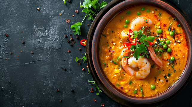 Traditional Spicy Thai Soup Tom Yum With Shrimp And Seafood In Ceramic Bowl On Blue Stone Rustic Background From Above With Space For Text, Classic Dish Of Cuisine Of Thailand, Generative Ai