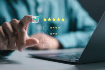 Customers use laptop give excellent five-star ratings for service experience rating online website,...