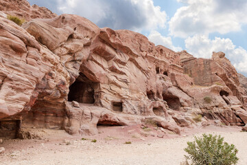 A large number of burial caves dug into the rocks by the Nabateans in the Nabatean Kingdom of Petra in the Wadi Musa city in Jordan