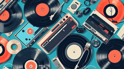 Digital vector collage of nostalgic technology, including vinyl records, cassette tapes, and modern smartphones, bridging generations - obrazy, fototapety, plakaty
