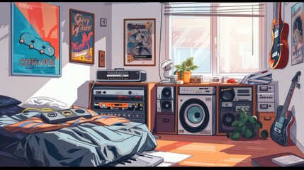Vector art of a teenager's bedroom from the '90s, decorated with skateboard posters, a collection of cassette tapes, and a classic boombox