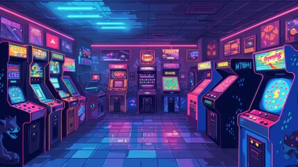 Vector depiction of a classic 90s arcade, with pixelated video game characters and neon-lit arcade machines