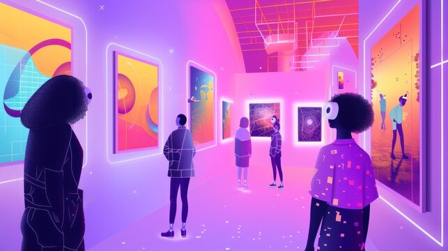 Vector illustration of a futuristic digital art gallery showcasing a blend of real-life and generative art pieces, with avatars and virtual influencers admiring the works