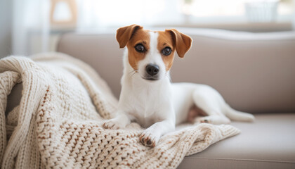 Concept of the National Pet Day. Jack Russell Terrier Puppy sits on the couch and looks at the camera. Quiet Luxury interior with small couch.