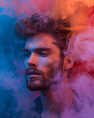 Portrait of a handsome man surrounded by colourful smoke
