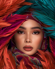 A beautiful woman with a hijab surrounded by feathers
