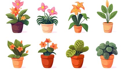 Set of potted flowers vector set in flat cartoon style ,generative ai