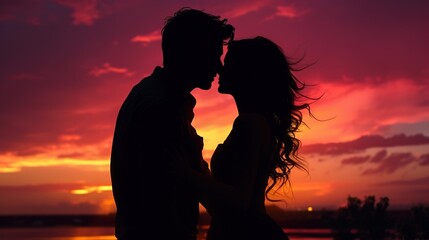 Couple Silhouette Sharing Kiss Against Sunset. Love, Valentine, Romance, Romantice
