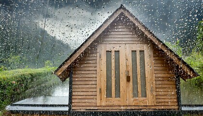  wooden house in the forest rain water on windscreen reflection in car mirror and water drops ion wet ground