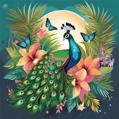 Ornamental beautiful textured peacock. Ethnic style colorful bright peacock bird. Vector ornate black background illustration with multicolor exotic royal peacock bird. Paisley style patterned tail