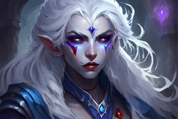 Female drow elf warlock with very blue skin and wavy white hair, one red eye and one purple eye, mean looking - obrazy, fototapety, plakaty