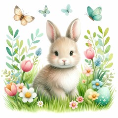 Bunny in a springtime garden with butterflies. watercolor illustration. Bunny in a springtime garden with butterflies. white background.