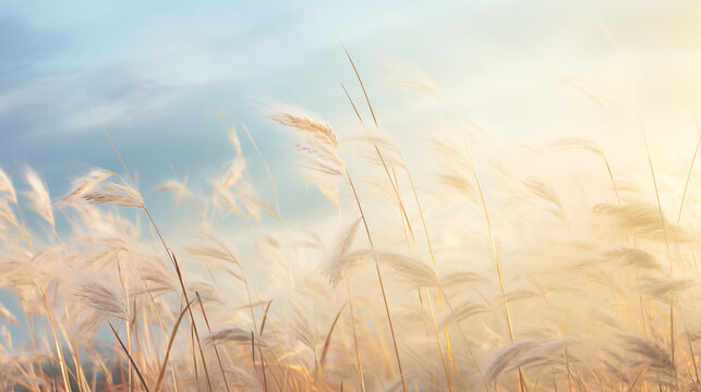 Wild grass in a macro image, showcasing a shallow depth of field. Abstract summer nature background with clear skies and sunlight. Generative AI.