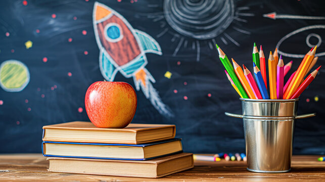 Stack of school books with colorful pencils and a red apple in front of a chalkboard featuring a hand-drawn rocket and planets, symbolizing creative education.
