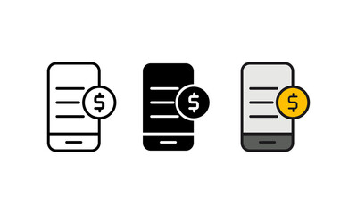 This is a vector illustration of a mobile phone icon with a dollar sign overlay, representing mobile billing, payments, or mobile commerce. The set features different styles including line art, solid 