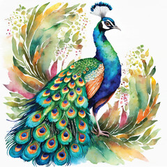 Ornamental beautiful textured peacock. Ethnic style colorful bright peacock bird. Vector ornate black background illustration with multicolor exotic royal peacock bird. Paisley style patterned tail