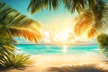 Fototapeta na wymiar Sunny Tropical Beach With Palm Leaves And Paradise Island
