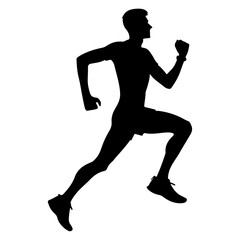 minimal Marathon front view run pose man vector silhouette, black color silhouette