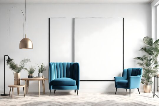 Poster mockup with vertical frame on empty white wall in living room interior with blue velvet armchair.3d rendering