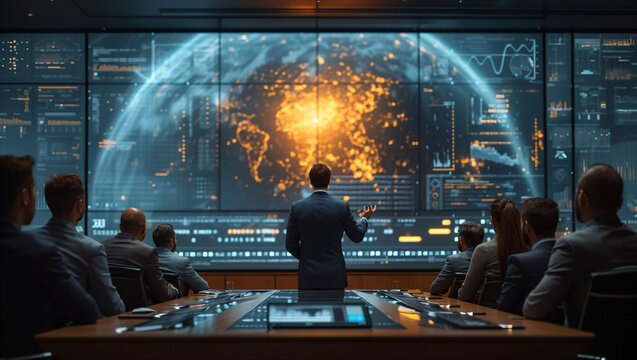 A businessman is giving a presentation in a conference room with infographic hud panel in the background