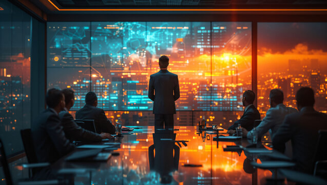 A businessman is giving a presentation in a conference room with infographic hud panel in the background