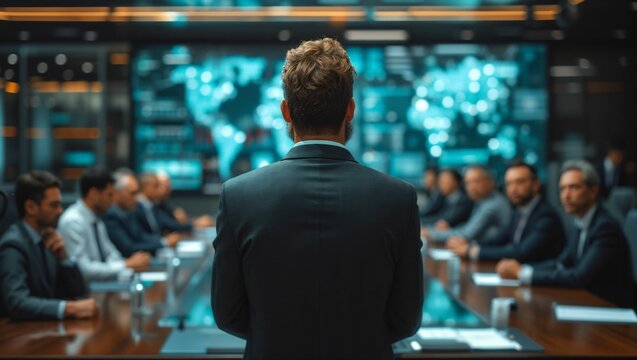 A businessman is giving a presentation in a conference room with infographic hud panel in the background - Powered by Adobe