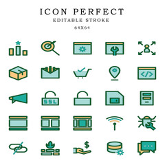 ranking, target keyword, website optimization, landing page, ceo strategy, email marketing, e-commerce, place optimization custom coding icon set search engine optimization icon vector. editable strok