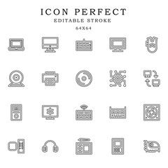 laptop, monitor, keyboard, screen, mouse. computer sync and hardware icon set. editable stroke outline isolated on white background flat vector illustration. Pixel perfect. 64 x 64