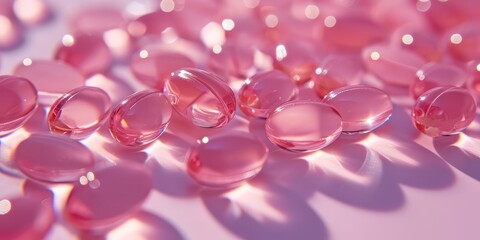 Pink capsules with gelatine/oil with Omega-3 fatty acids supplement. 