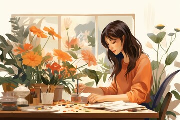 artist illustrator working in her workspace, ai generated