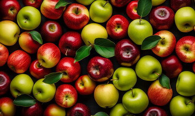 Naklejka na ściany i meble many Fresh gorgeous red and green apples Wallpaper, fruits background, summer apple harvest backdrop close up