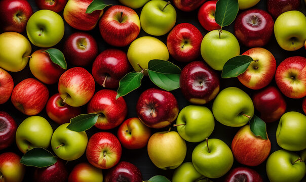 many Fresh gorgeous red and green apples Wallpaper, fruits background, summer apple harvest backdrop close up