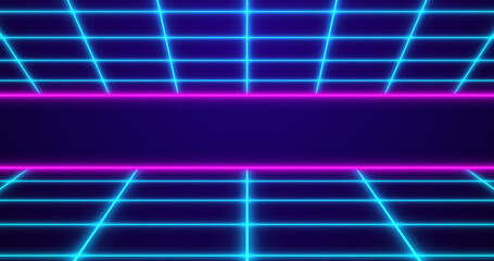 Dynamic Retro style 80s neon colored grid seamless bg. Sci-Fi movies like digital laser grid moving cyber background. Synthwave style glowing grids backdrop for techno nightclub, disco dance floor.