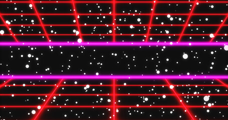 Futuristic retro style double grid background with stars moving in bg. Techno nightclub 80s style disco club backdrop. Old fashioned cyberspace universe motion graphic grids moving seamless loop.