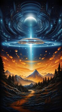 an astronomical drawing of a starship hovering over stars, in the style of intricate psychedelic landscapes, terragen, light blue and orange, environmental portraiture, earth tone color palette, airbr