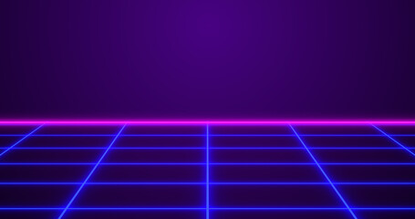 Infinite grid moving glitch clip till the horizon. Games start intro electrified fied vapur style synthwave running neon grid background. Techno style with punk colors video games bg. - obrazy, fototapety, plakaty