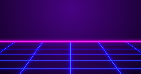Infinite grid moving glitch clip till the horizon. Games start intro electrified fied vapur style synthwave running neon grid background. Techno style with punk colors video games bg. - obrazy, fototapety, plakaty
