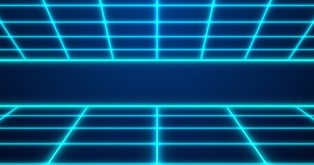Dynamic Retro style 80s neon colored grid seamless bg. Sci-Fi movies like digital laser grid moving cyber background. Synthwave style glowing grids backdrop for techno nightclub, disco dance floor.