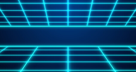 Dynamic Retro style 80s neon colored grid seamless bg. Sci-Fi movies like digital laser grid moving cyber background. Synthwave style glowing grids backdrop for techno nightclub, disco dance floor.